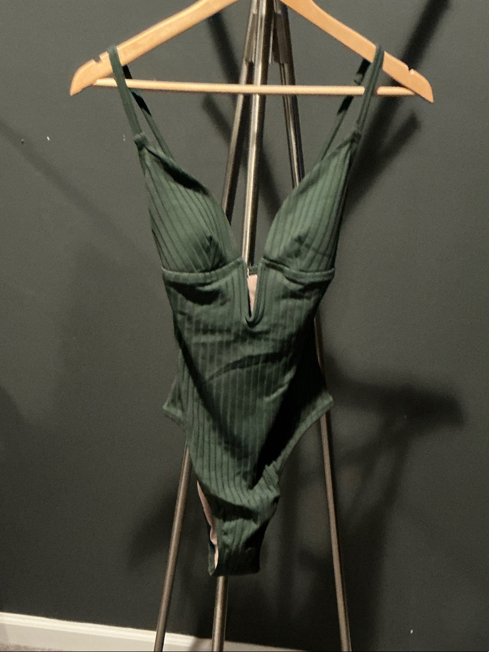 Shade & Shore Deep V Ribbed One-Piece Swimsuit - Dark Green